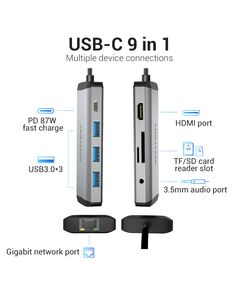 ადაპტერი Vention TOKHB Multi-function USB-C to HDMI/USB3.0x3/RJ45/SD/TF/PD Docking Station 0.15M Gray Aluminum Alloy Type TOKHB-image | Hk.ge
