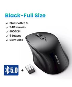 მაუსი UGREEN MU101 (90395), Ergonomic Wireless 2.4G Mouse, Bluetooth, 4000DPI, Silence Design, Black-image | Hk.ge