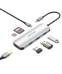 USB ჰაბი VENTION TOJHB USB-C to HDMI/USB 3.0x3/SD/TF/PD Docking Station Gray 0.15M Aluminum Alloy Type-image | Hk.ge