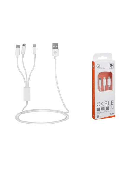 კაბელი Cable 2E USB 3 in 1 Micro/Lightning/Type C, 5V/2.4A, White,1.2m 2E-CCMTLAB-WT-image2 | Hk.ge