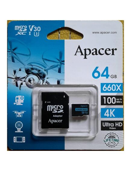 SD ბარათი Apacer 64GB microSDXC C10 UHS-I U3 + SD AP64GMCSX10U7-R-image | Hk.ge