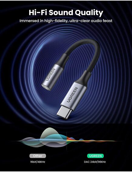 აუდიო ადაპტერი UGREEN USB-C to 3.5mm M/F Cable Aluminum Shell with Braided 10cm (Space Gray) 80154-image3 | Hk.ge