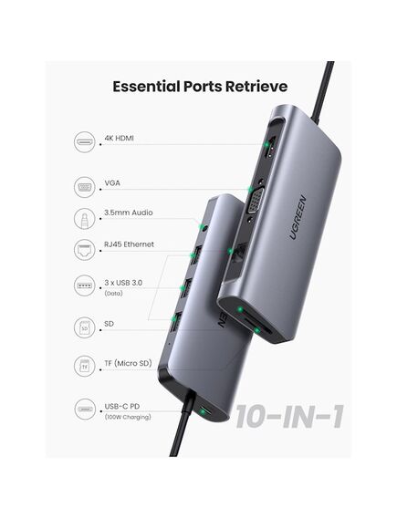 USB ჰაბი UGREEN (80133) USB-C with Ethernet 4K USB C to HDMI VGA PD Power Delivery 3 USB 3.0 Ports USB C to 3.5mm SD TF Cards Reader for MacBook Pro A-image2 | Hk.ge