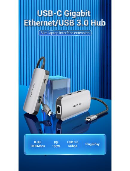 USB ადაპტერი VENTION TNFHB USB-C to USB3.0x3/RJ45/PD Hub 0.15M Gray Aluminum Alloy Type TNFHB-image2 | Hk.ge