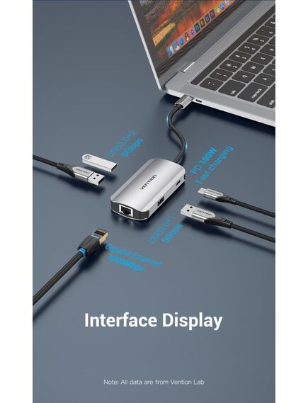 USB ადაპტერი VENTION TNFHB USB-C to USB3.0x3/RJ45/PD Hub 0.15M Gray Aluminum Alloy Type TNFHB-image3 | Hk.ge