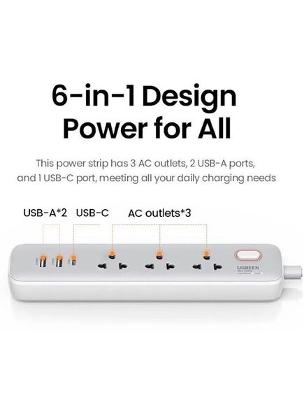 დენის გამანაწილებელი UGREEN CD286 (15143), 30W, 3 Socket, USB-A, USB-C, 1.5m, White-image2 | Hk.ge