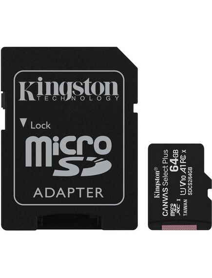 SD ბარათი Kingston 64GB microSDXC C10 UHS-I U1 A1 R100MB/s Canvas Select Plus SDCS2/64GB-image | Hk.ge